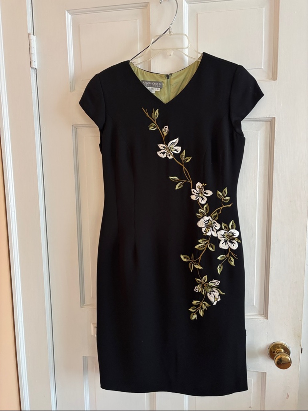 Maggy London Black Midi Dress with White & Green Floral Embroidery